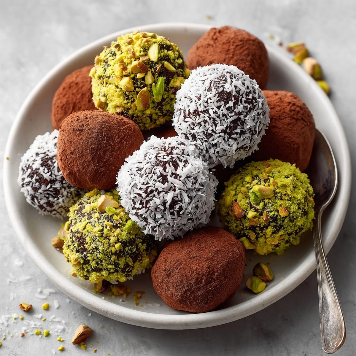 Close-up of creamy Avocado Chocolate Truffle Bites, featuring rich chocolate centers and pistachio coating.