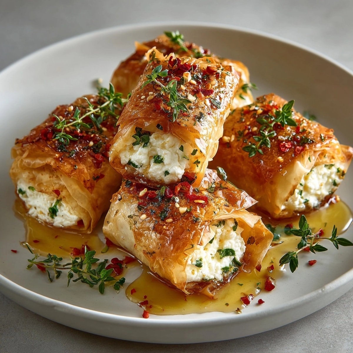 Freshly baked Oven Fried Feta Rolls with Chili Honey, flaky phyllo pastry filled with creamy cheese and a sweet-spicy drizzle.
