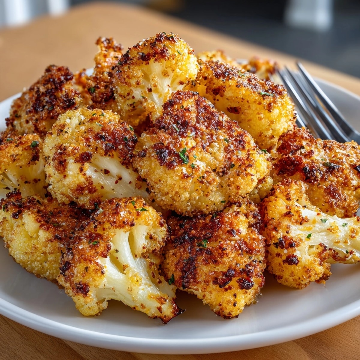 Freshly baked Parmesan Cauliflower Bites with melted cheese, served hot straight from the oven.