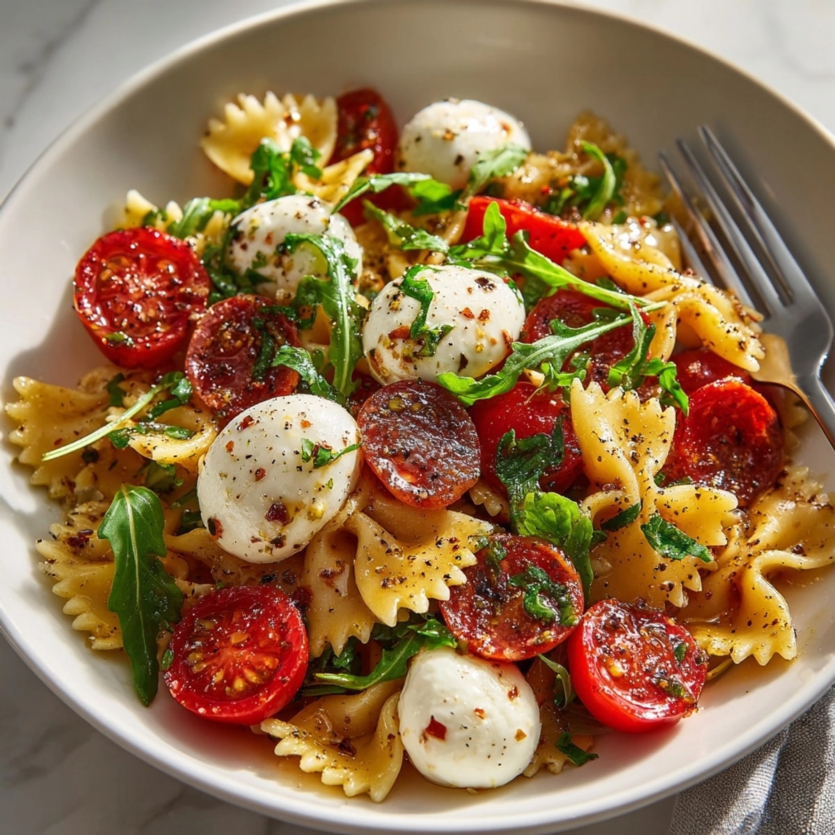 Colorful Hot Honey Pasta Salad Recipe with mozzarella pearls, fresh basil, and pepperoni slices in a bowl