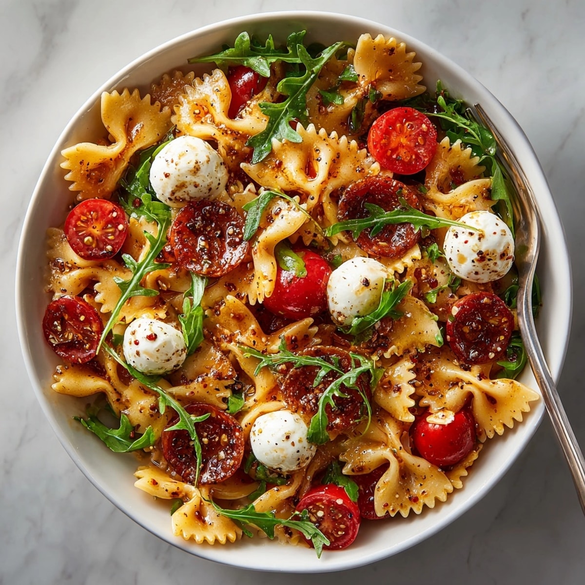Vibrant bowl of Hot Honey Pasta Salad Recipe featuring glossy noodles, cherry tomatoes, and sweet-spicy dressing