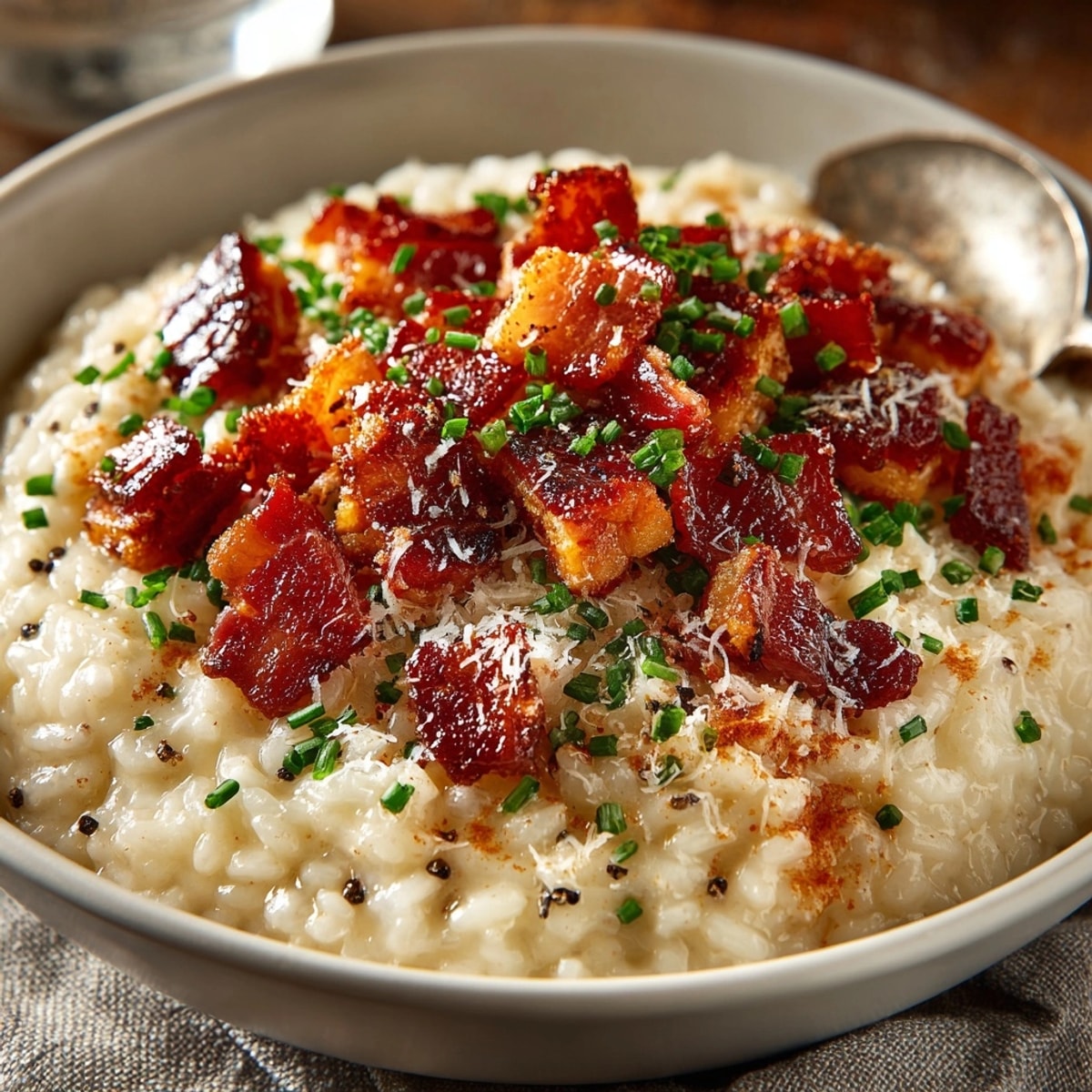 Caramelized Onion, Bacon, and Parmesan Risotto served creamy with golden onions and crispy bacon bits.