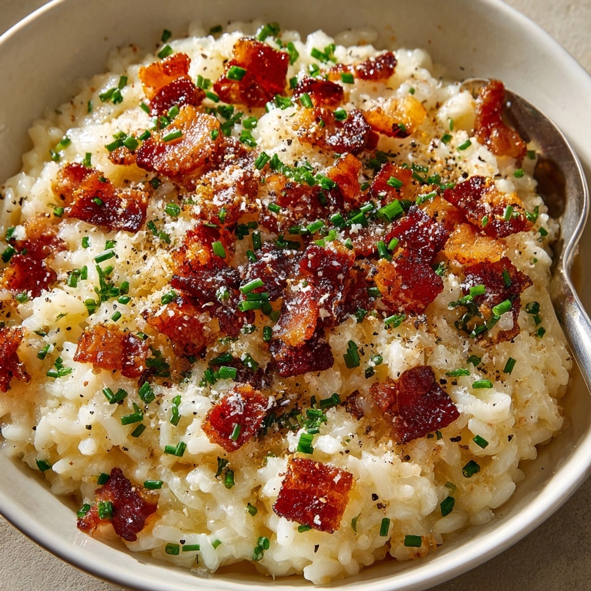 Close-up of Caramelized Onion, Bacon, and Parmesan Risotto garnished with fresh chives for a cozy dinner.