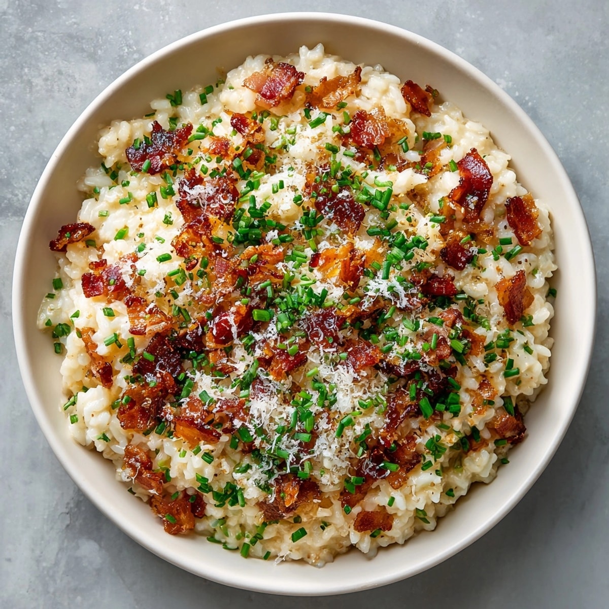 Steaming bowl of Caramelized Onion, Bacon, and Parmesan Risotto, parmesan melting over savory risotto rice.