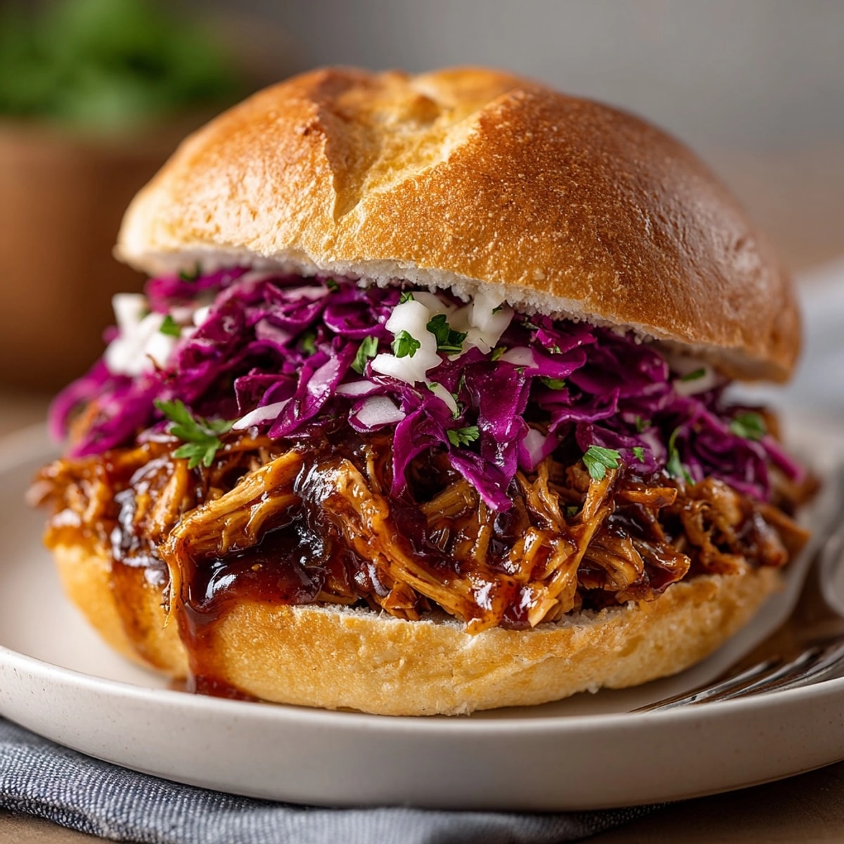 Slow Cooker Honey Mustard Chicken piled on a sandwich roll, topped with vibrant slaw.