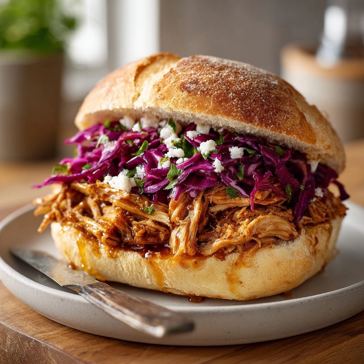 Pulled slow cooker honey mustard chicken sandwich bursting with sweet, tangy flavor and crisp cabbage slaw.