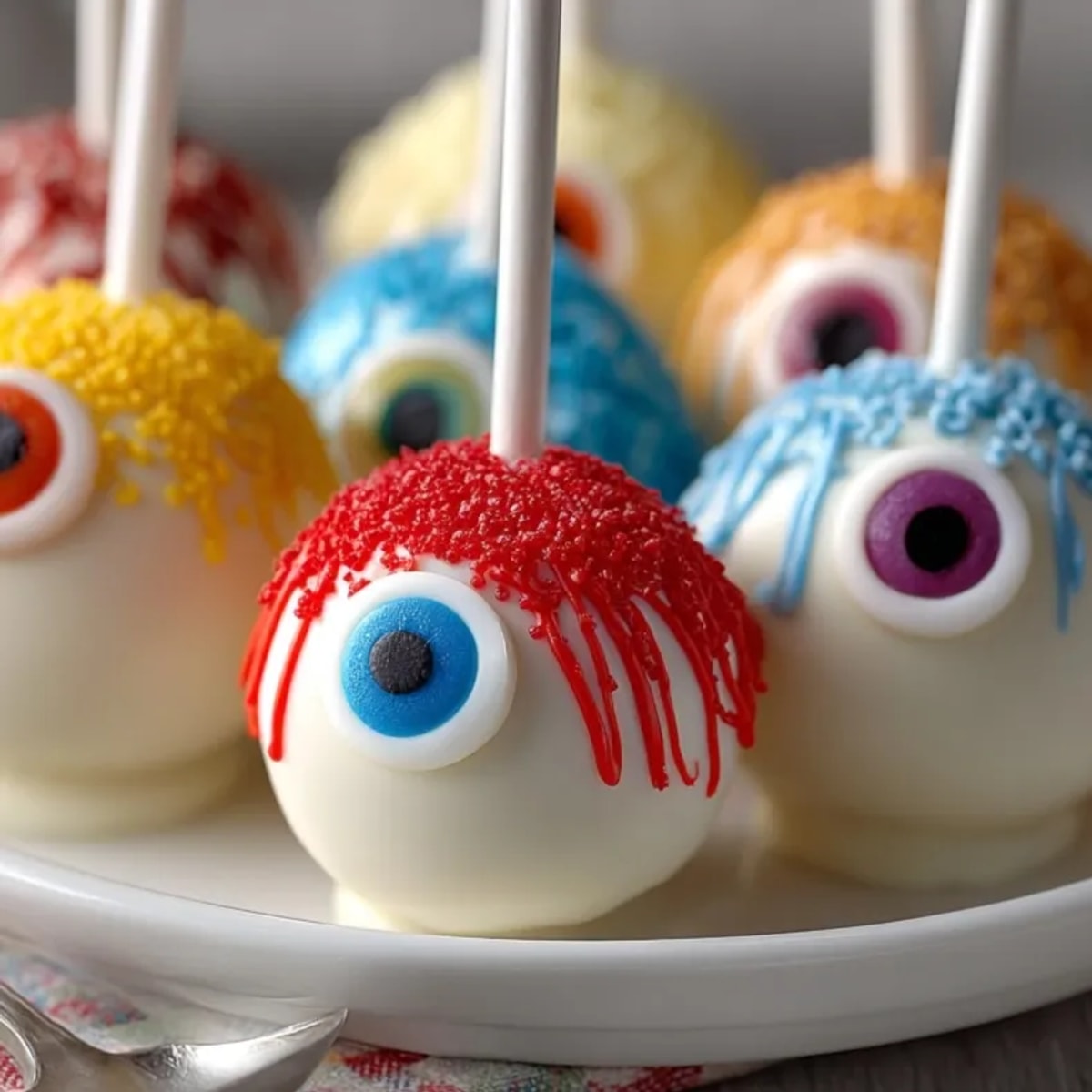 Spooky Devil's Food Cake Pop Eyeballs ready for Halloween, glazed and decorated.