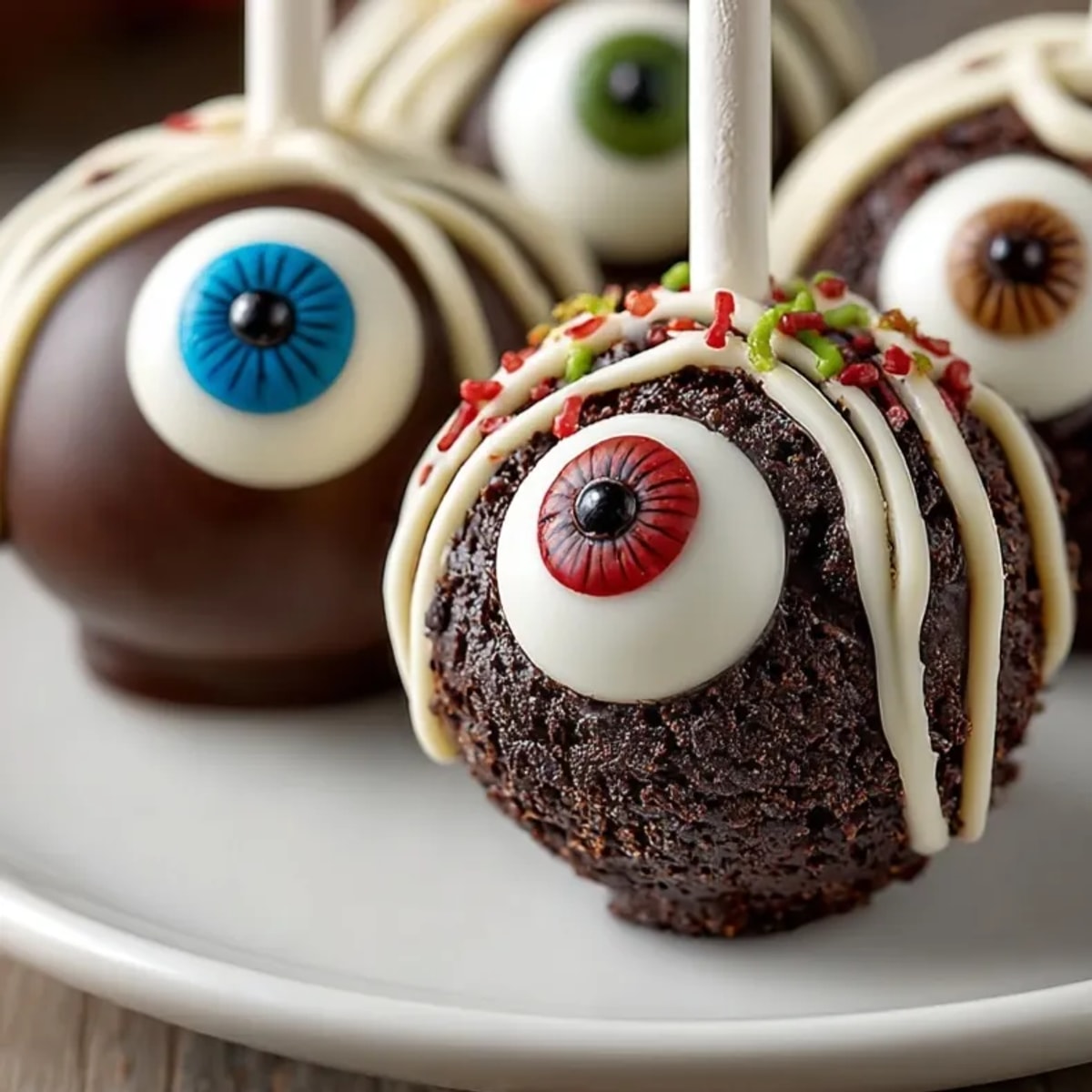 Homemade Devil&amp;rsquo;s Food Cake Pop Eyeballs, rich chocolate flavor with frighteningly fun decorations.