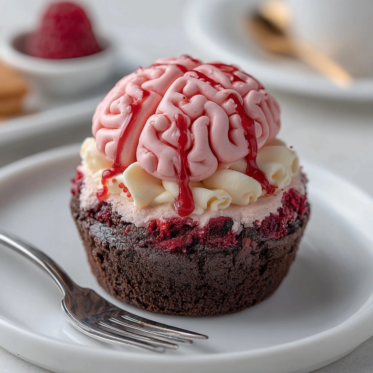 Spooky homemade Zombie Brain Cupcakes; creamy frosting swirls evoking brains on fudgy cake.