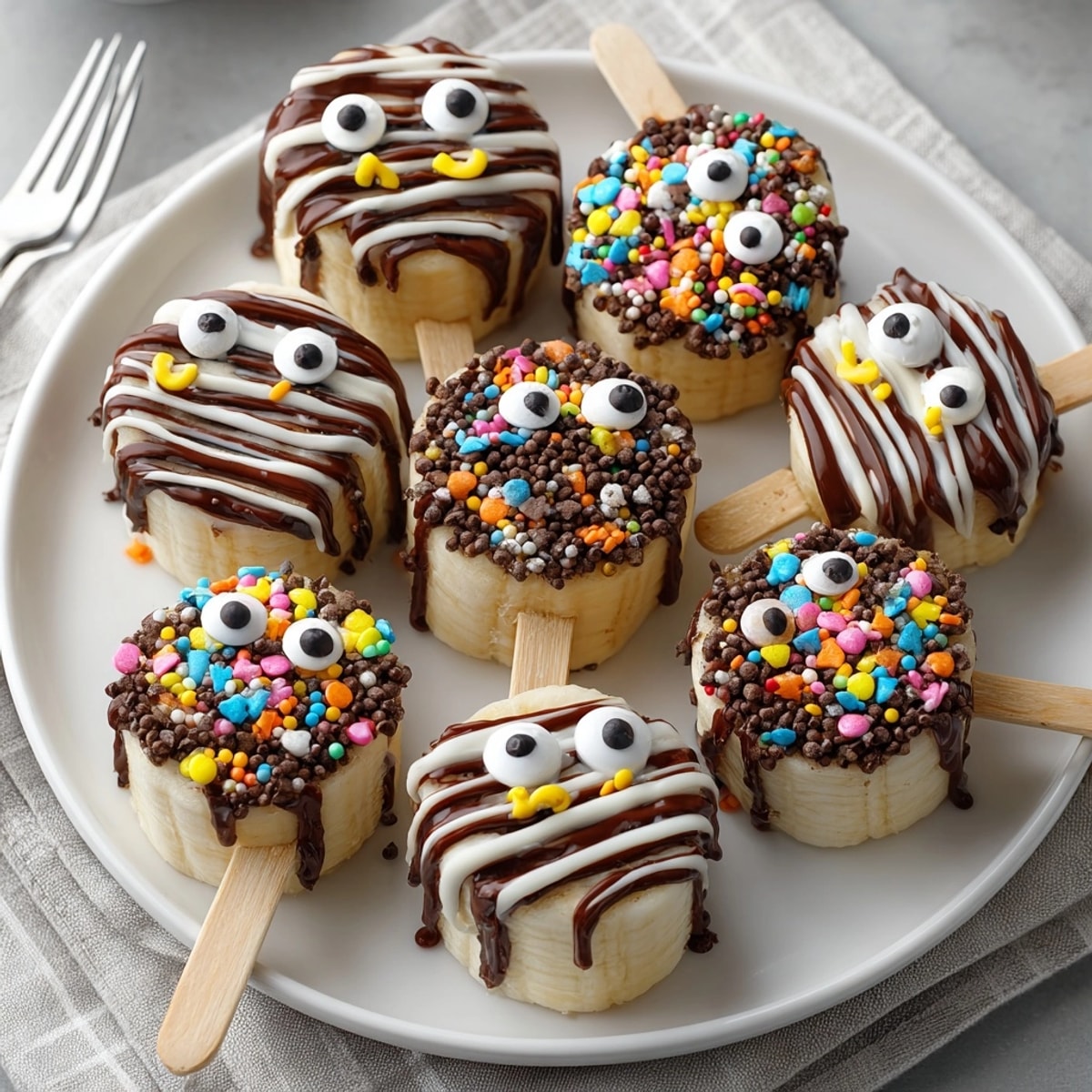 Easy Spooky Chocolate-Covered Banana Bites recipe: creamy frozen bananas dipped in dark chocolate and sprinkles.