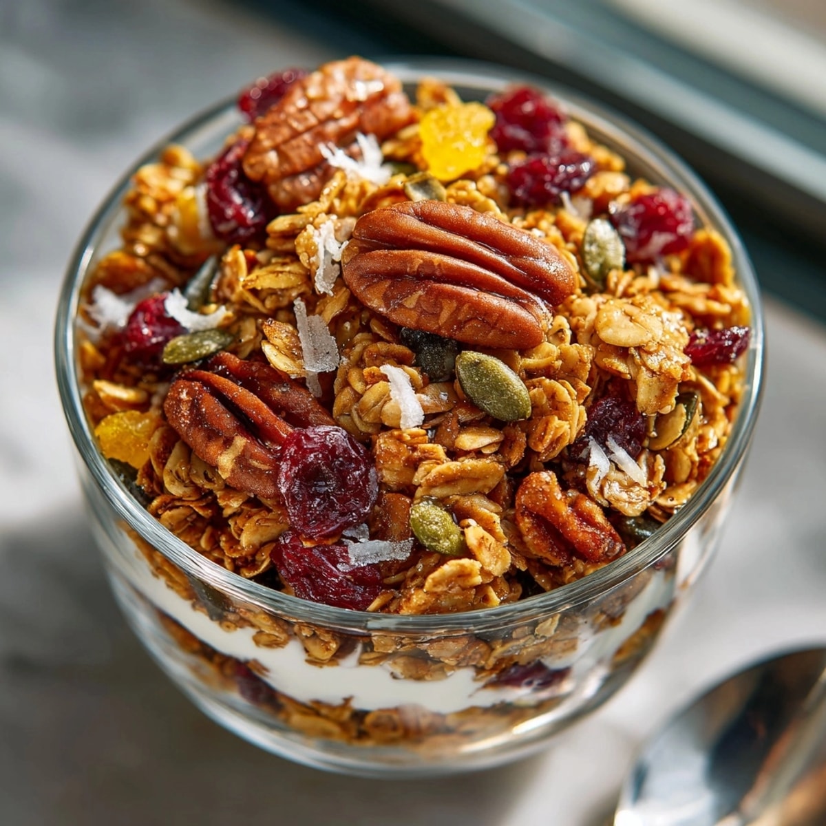Golden baked Pumpkin Spice Granola with pecans & cranberries cools, ready for a fall breakfast.