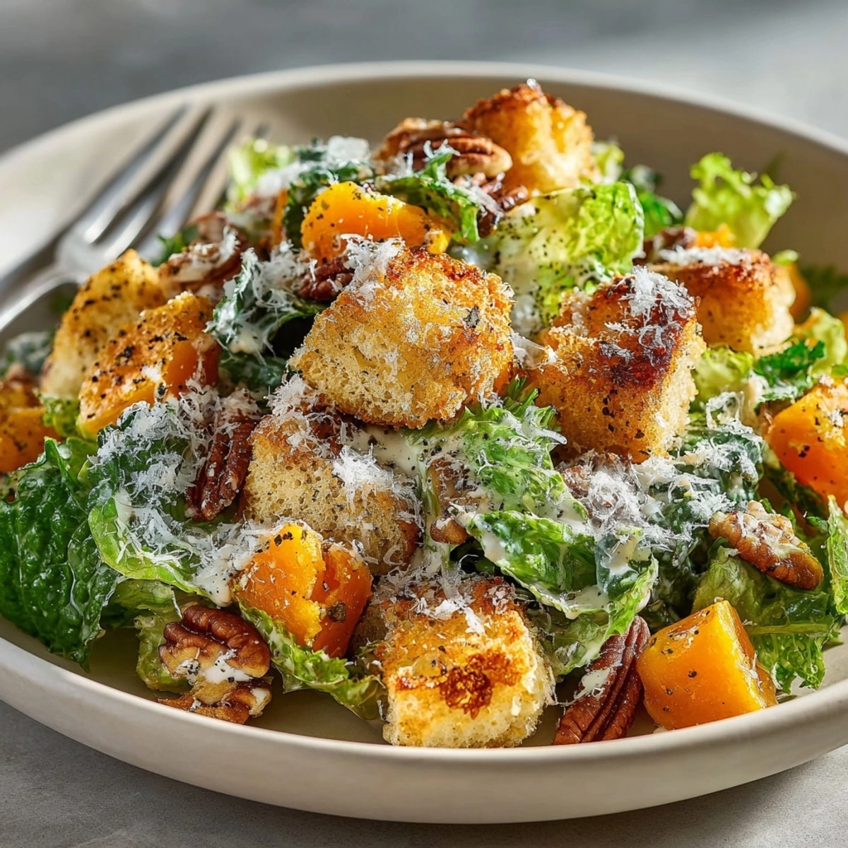 Creamy Autumn Caesar Salad featuring roasted butternut squash, crunchy croutons, and salty Parmesan.