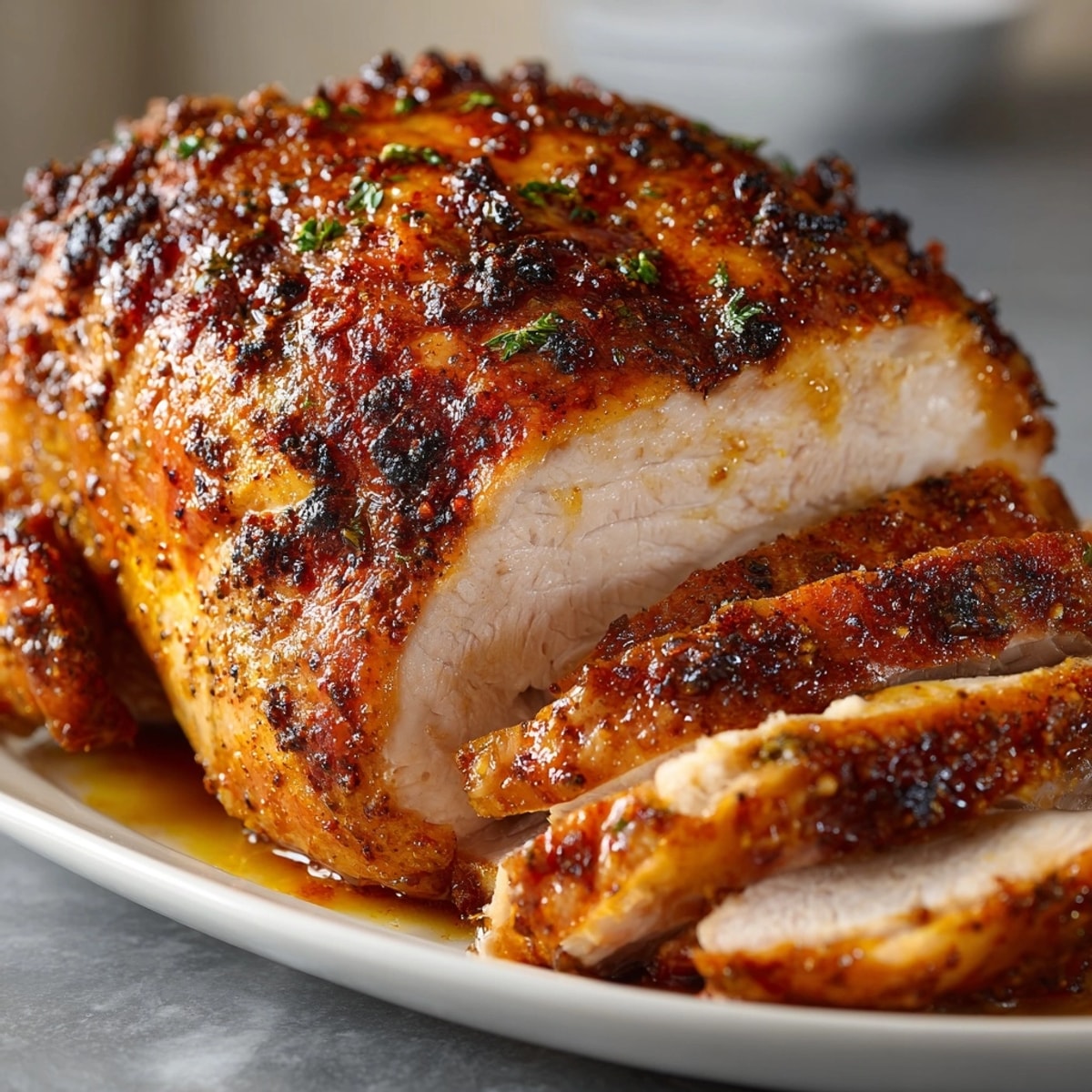 Crispy Cajun Fried Turkey with a spicy dry rub, photographed before a Thanksgiving feast.