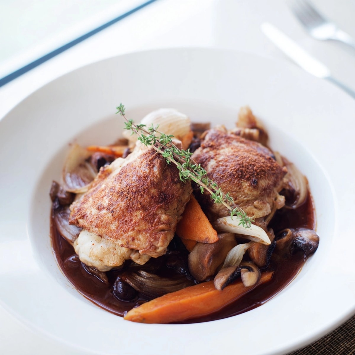 Rustic, tender Slow Cooker French Wine Chicken simmers with carrots and cremini mushrooms.