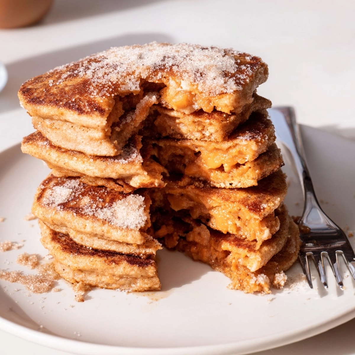 Golden brown Cinnamon Sugar Sweet Potato Pancakes, soft and fluffy, ready for breakfast.