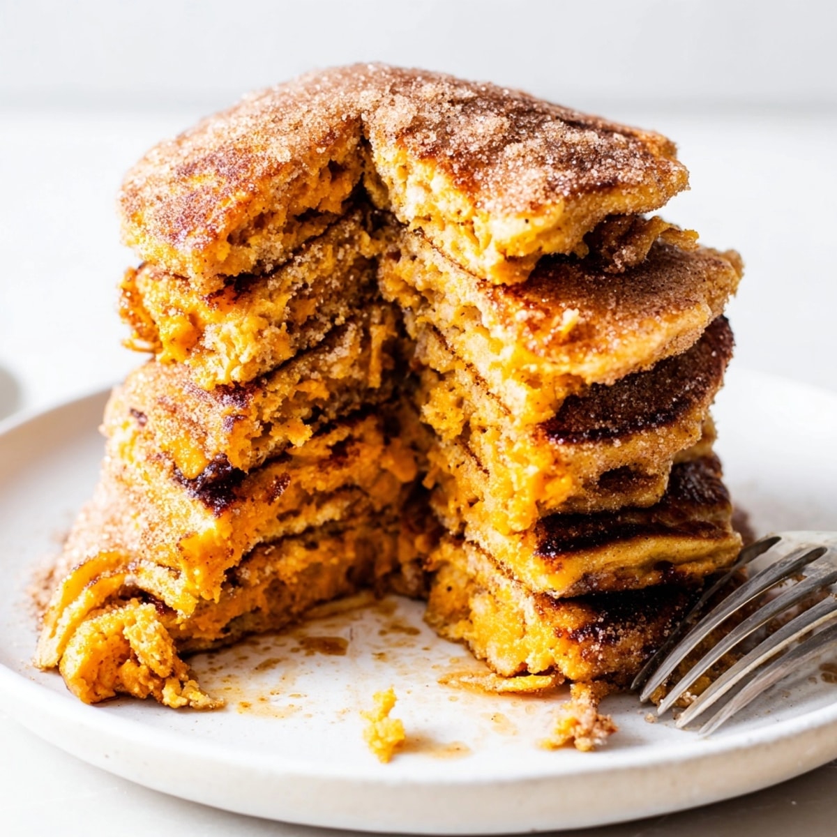 Warm Cinnamon Sugar Sweet Potato Pancakes topped with a sparkling cinnamon sugar dusting.