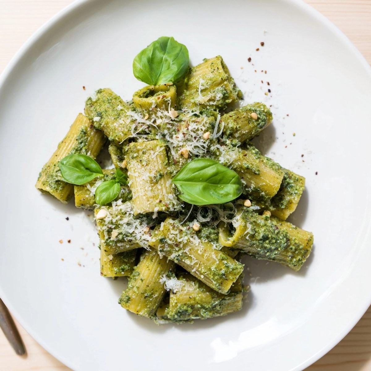 Homemade Ricotta Spinach Pesto Pasta, served warm, topped with freshly grated Parmesan cheese.