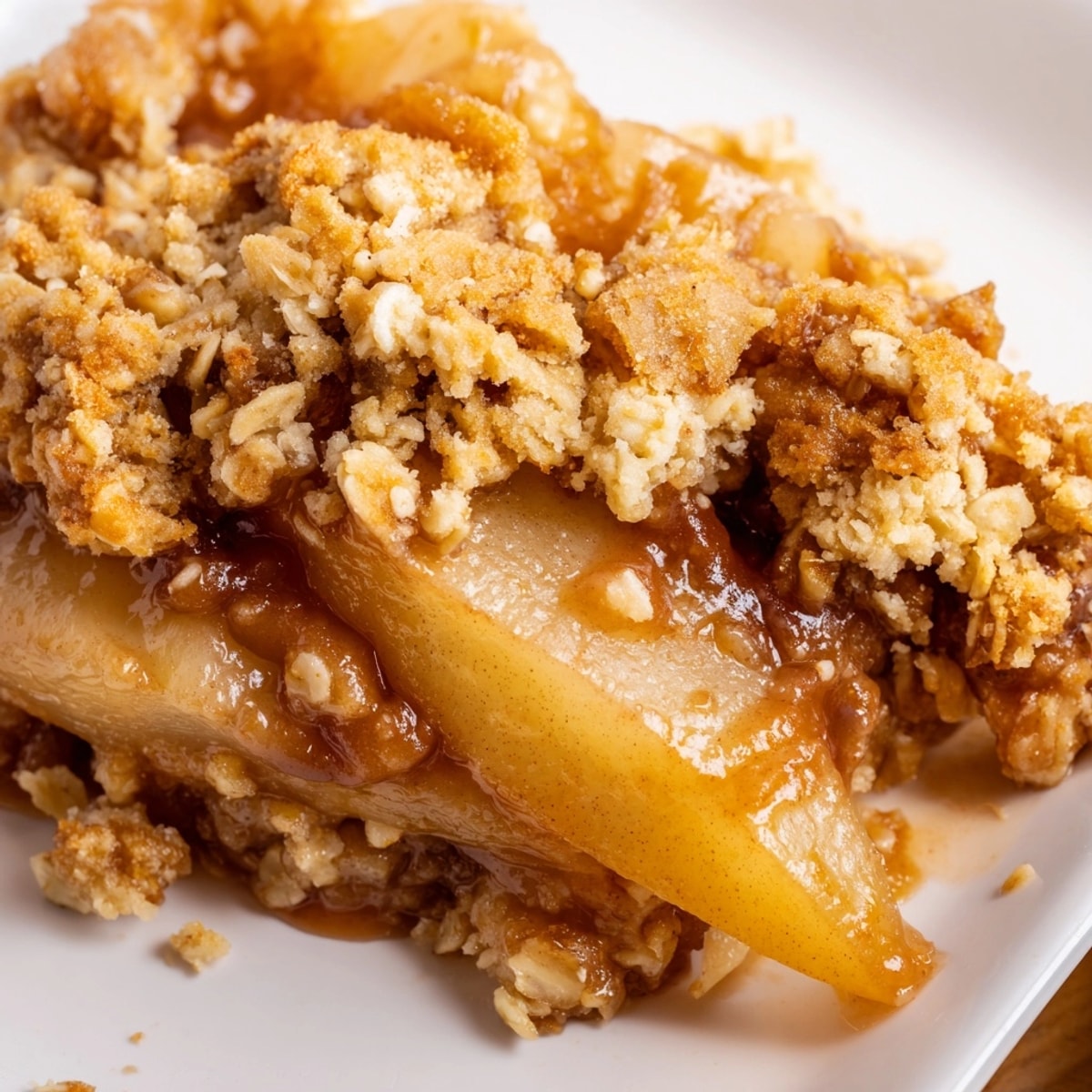 Golden Cinnamon Caramel Pear Crumble, fresh from oven, bubbling with gooey caramel.