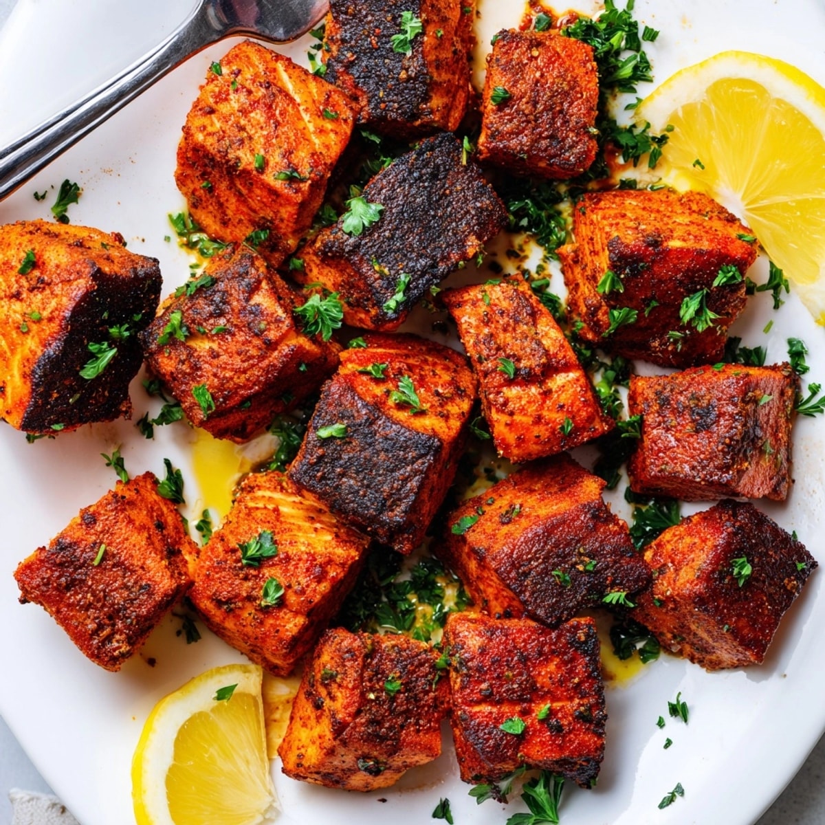 Juicy Cajun Blackened Salmon Bites sizzle in a skillet with fiery, smoky spices.