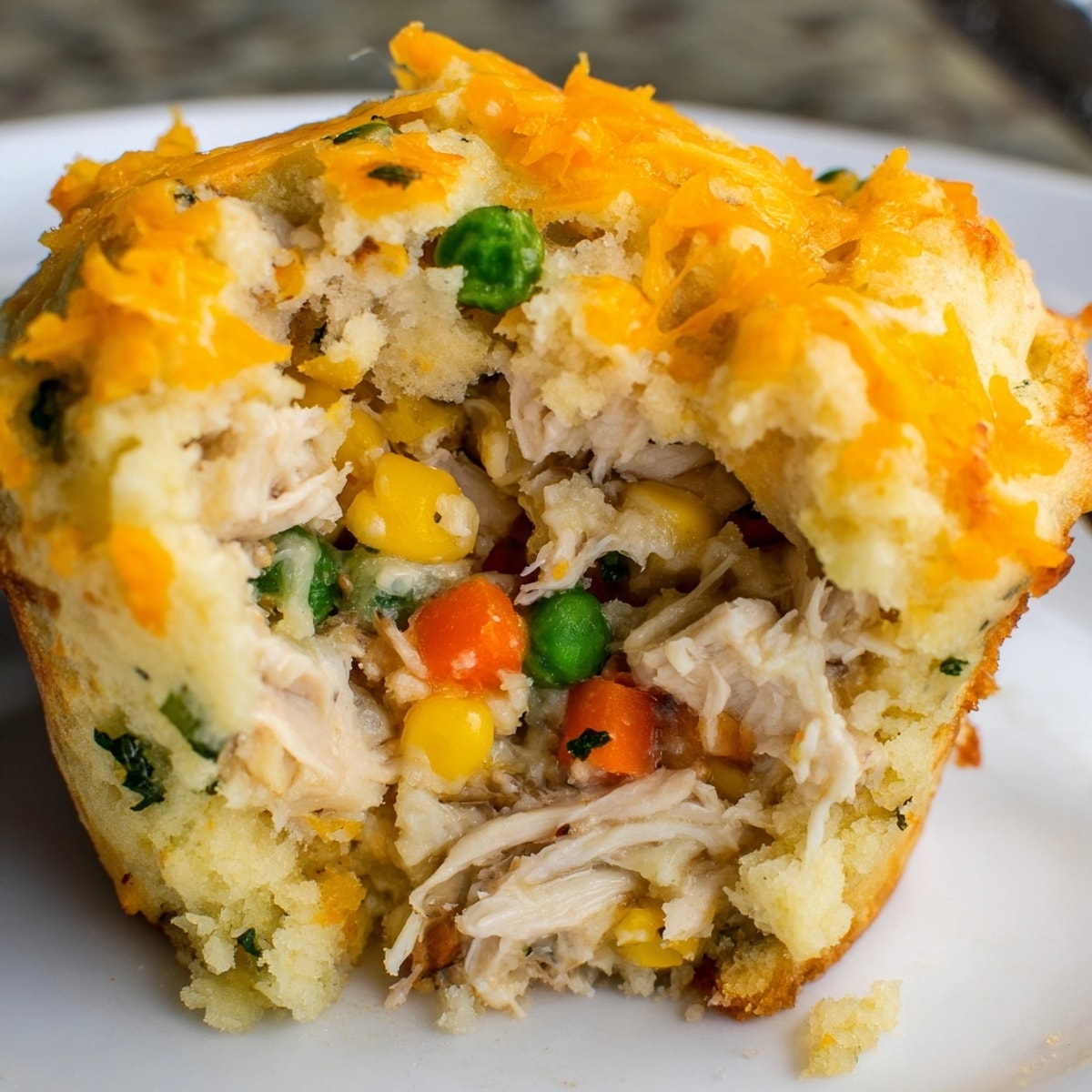 Close-up of golden, cheesy Cheesy Garlic Chicken Pot Pie Muffins ready to eat.