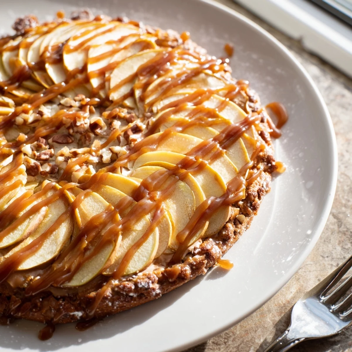 Decadent caramel apple pizza with salted pretzel crust, perfect for fall gatherings.