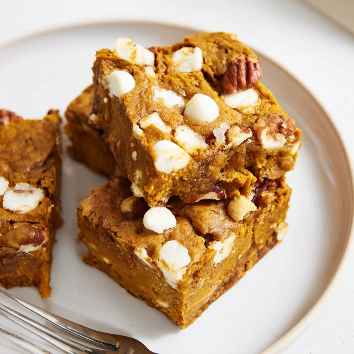 Rich maple bourbon pumpkin blondies served warm, drizzled with caramel sauce.  