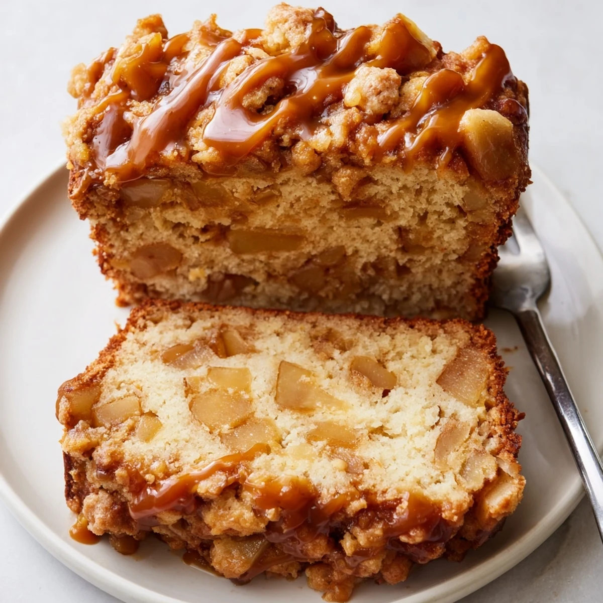 Moist Cream Soda Caramel Apple Biscuit Muffin Loaf drizzled with sweet caramel sauce.  
