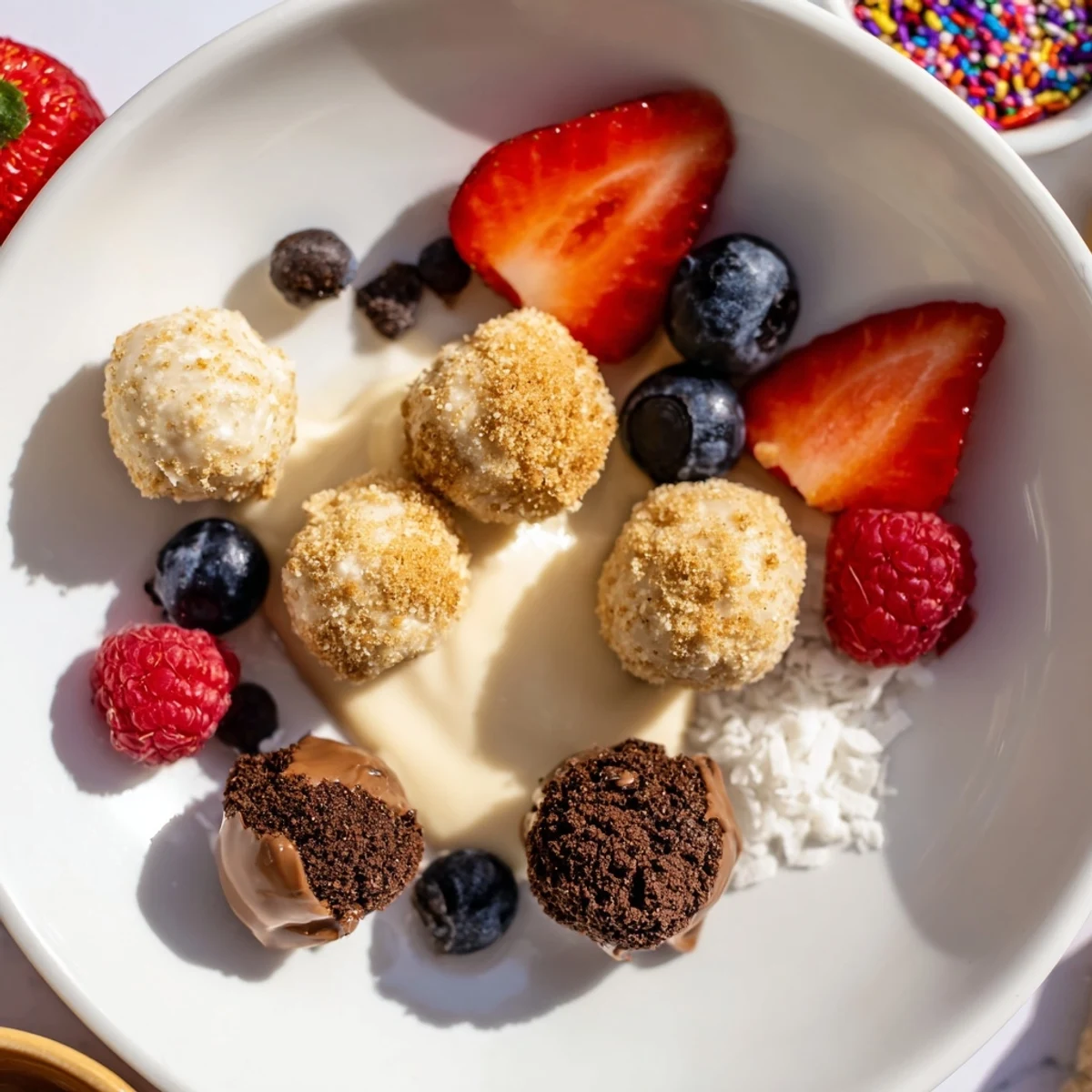 Enticing cheesecake bites arranged on a platter with fresh fruits and toppings ready to serve.  