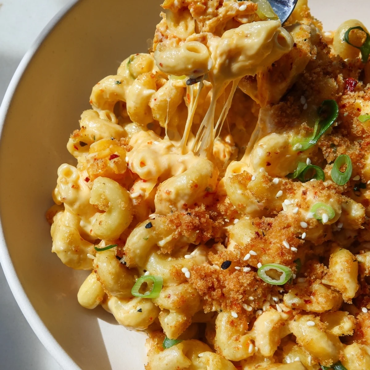 Baked Spicy Kimchi Mac & Cheese, a fusion delight with melty cheeses and kimchi.  