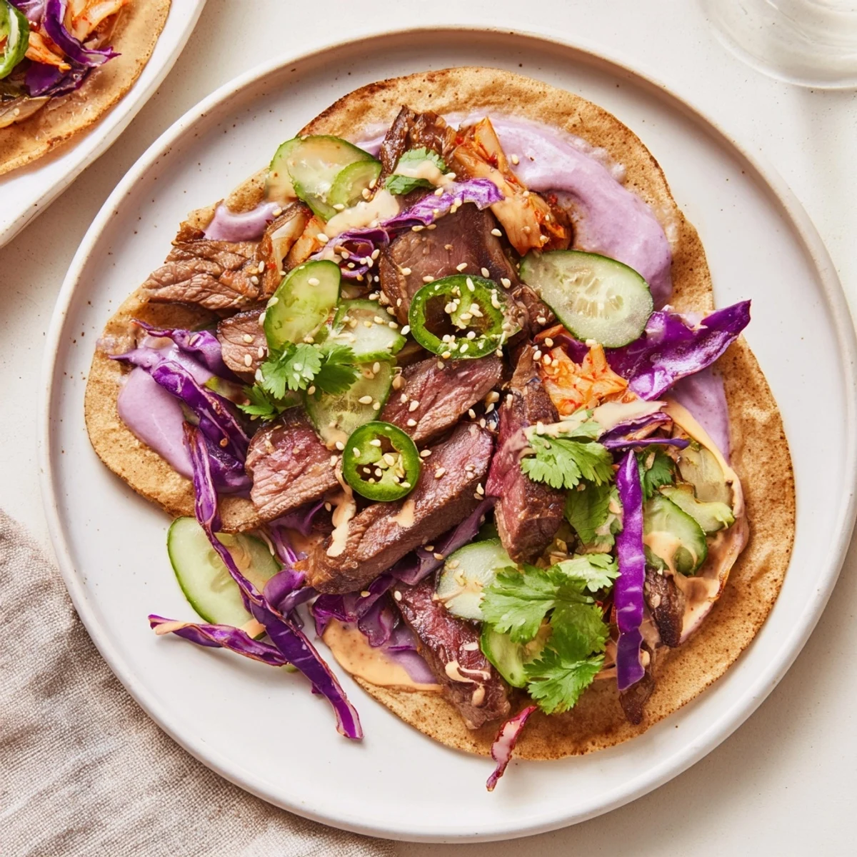 Vibrant Global Street-Food Fusion Tacos topped with ube crema and fresh vegetables.  