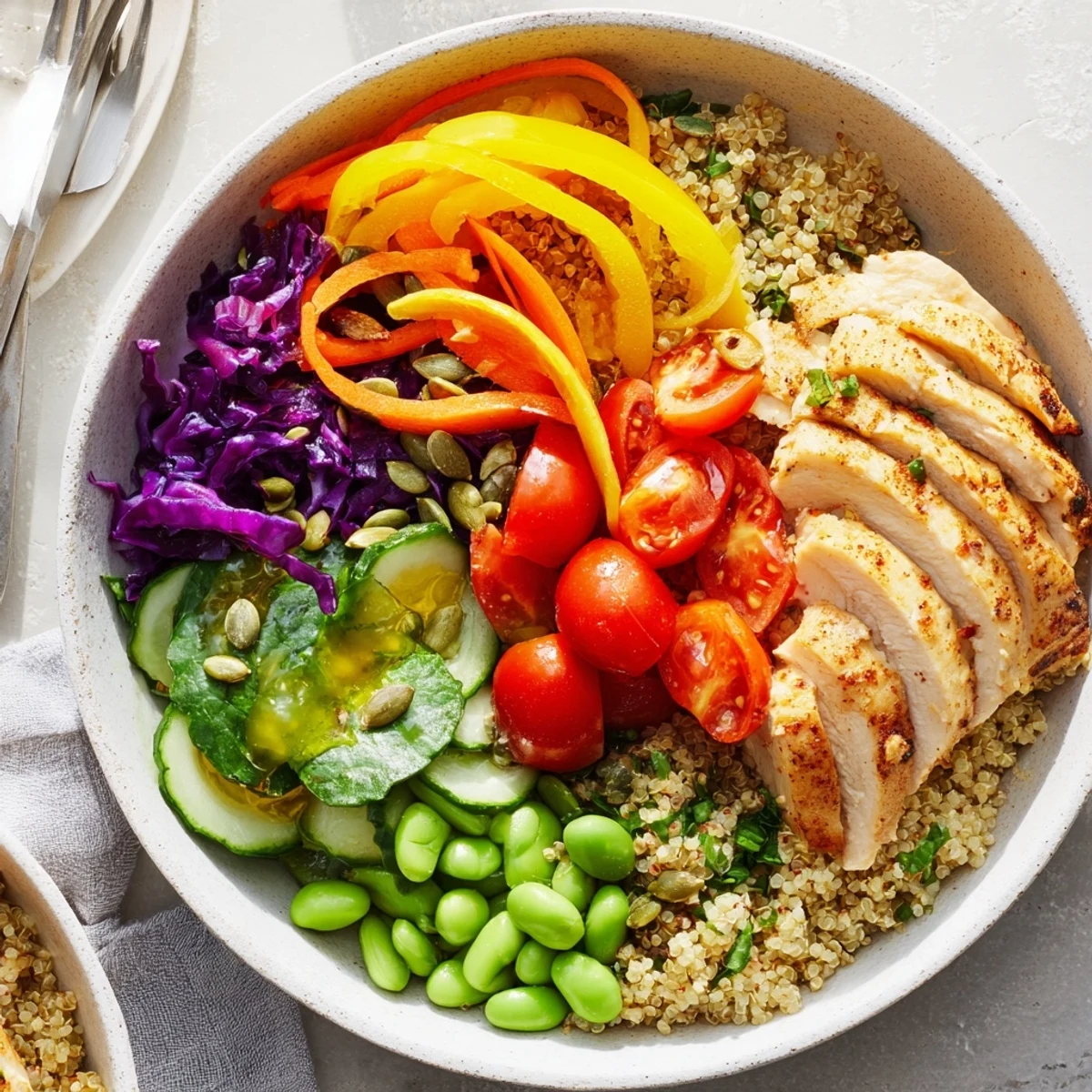 Colorful healthy meal-prep bowls with vibrant vegetables and zesty dressing.  