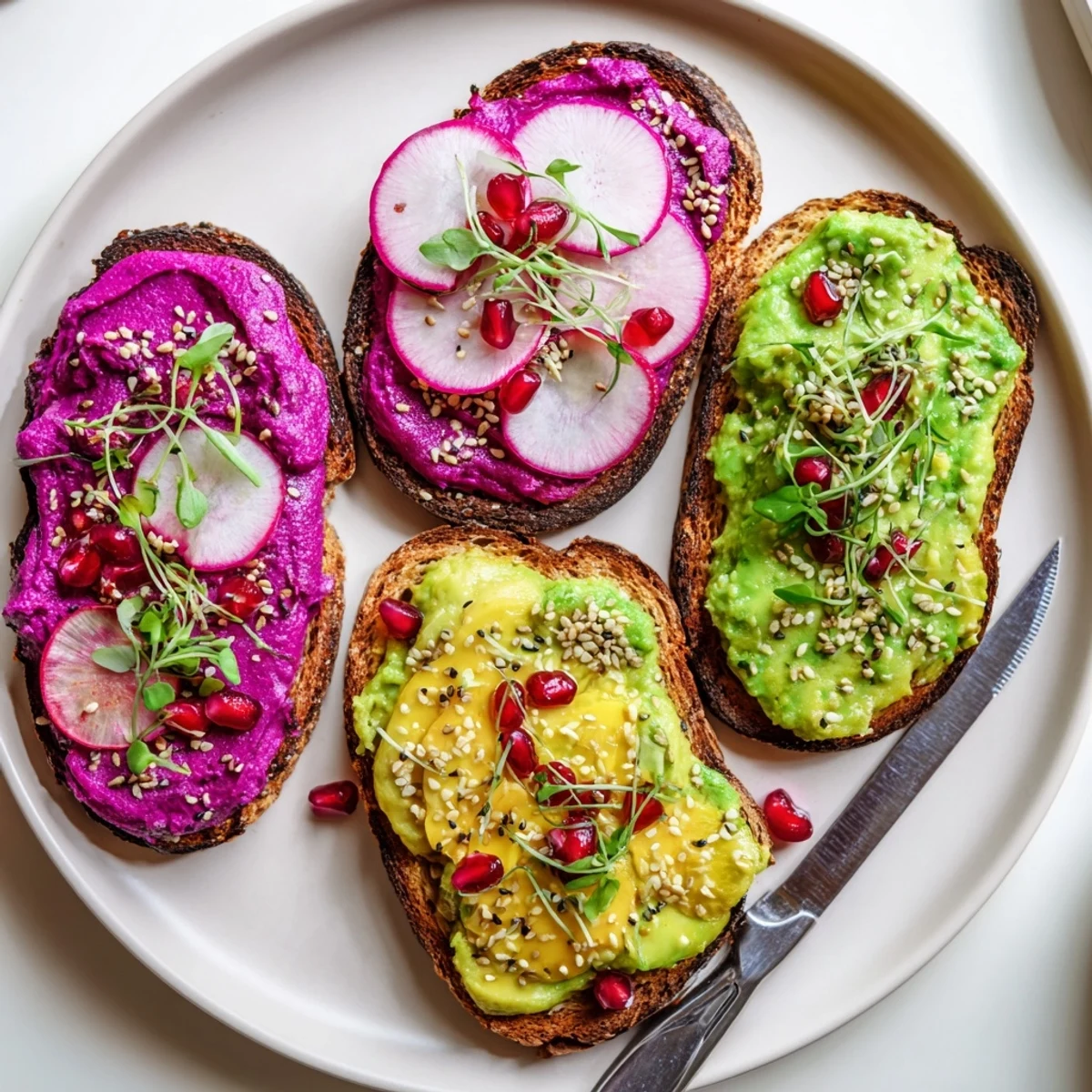 Deliciously colorful breakfast toasts featuring ube halaya and avocado for a healthy start.  