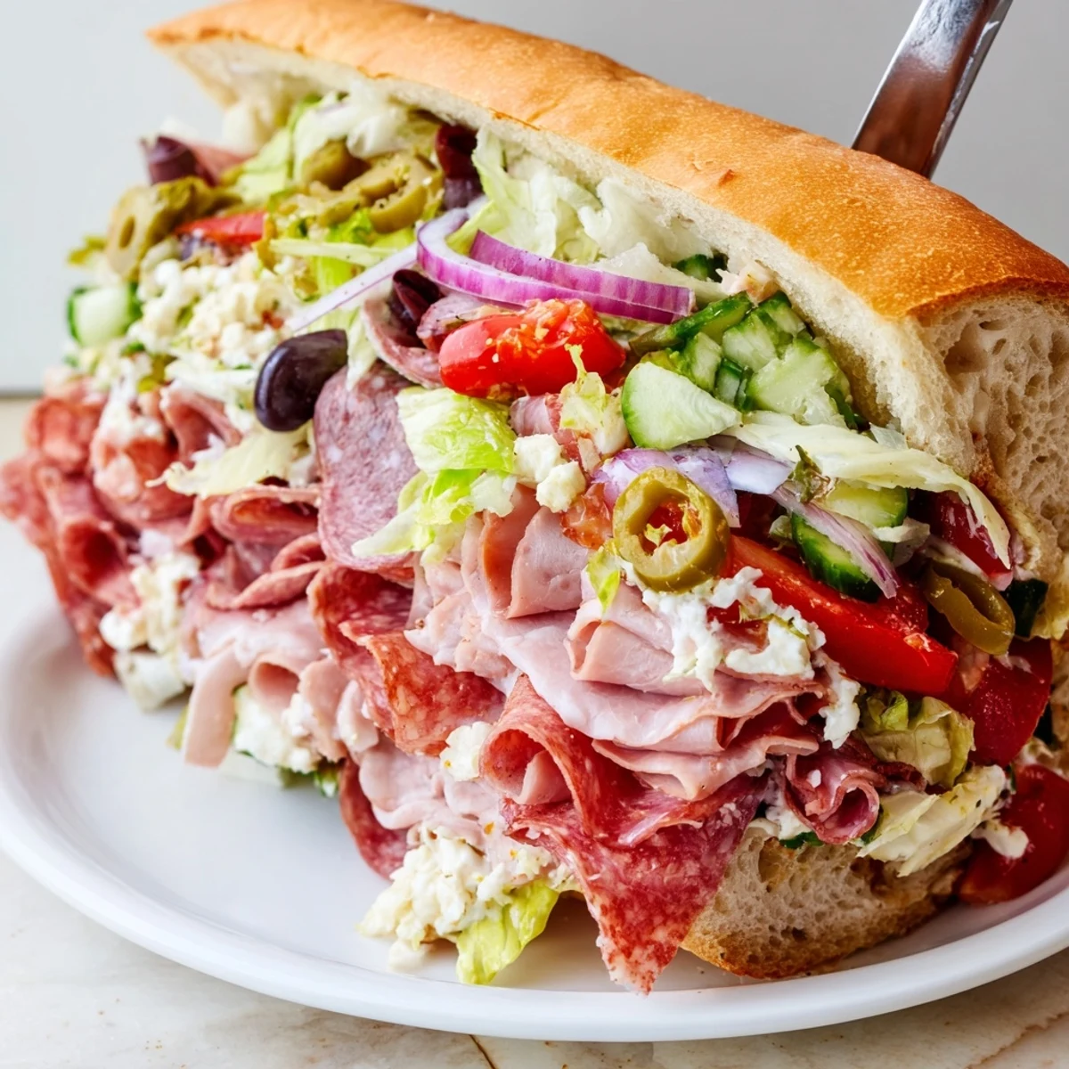 Delicious Flavor Mash-Up Sandwiches featuring Italian meats and vibrant vegetable toppings.  