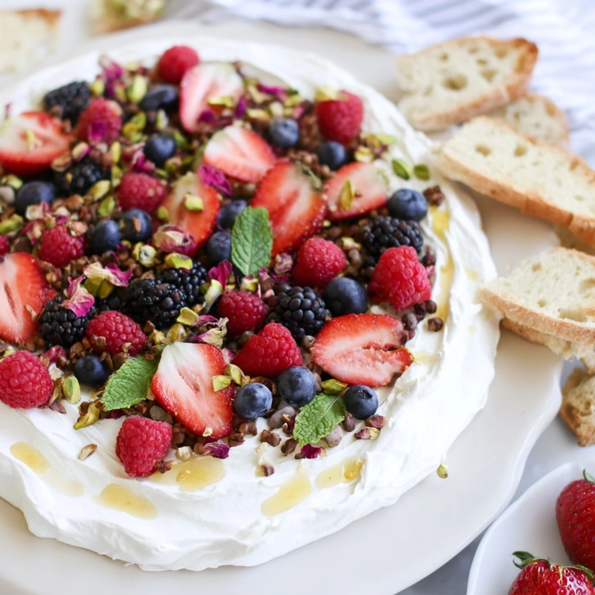A tempting Butter Board Dessert Version spread with creamy cheese and colorful berry toppings.  