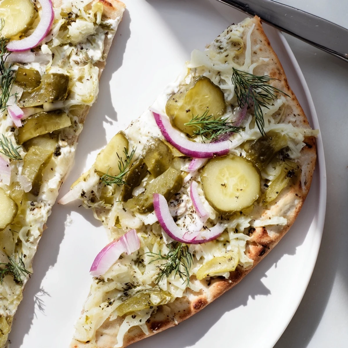 Tangy pickle pizza with creamy sauce, mozzarella, and crunchy dill pickles.  