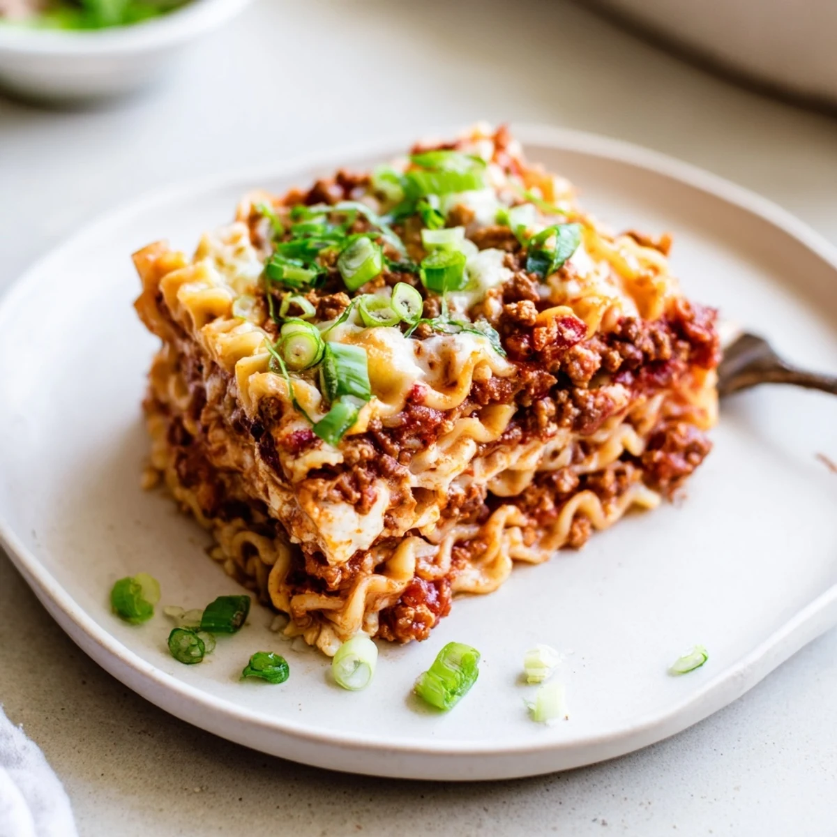 Spicy Ramen Lasagna layered with cheesy goodness and spicy pork sauce, fresh out of the oven.  