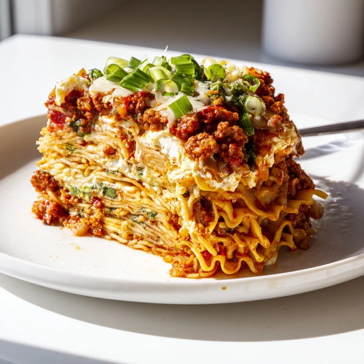 Vibrant Spicy Ramen Lasagna display with rich tomato sauce and melted cheese, perfect for sharing.
