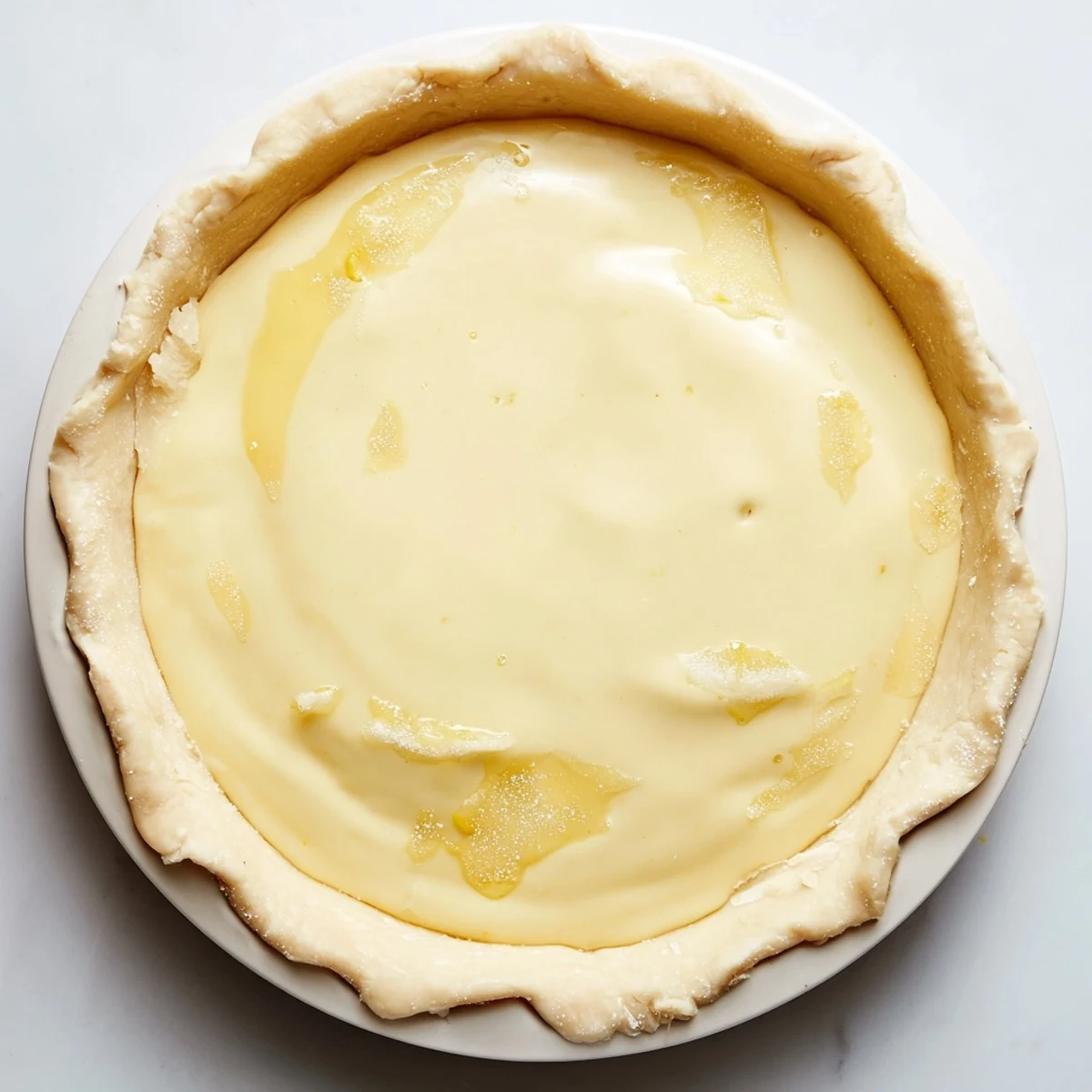 Creamy water pie cooling on a countertop, showcasing a golden crust and delicate filling.  