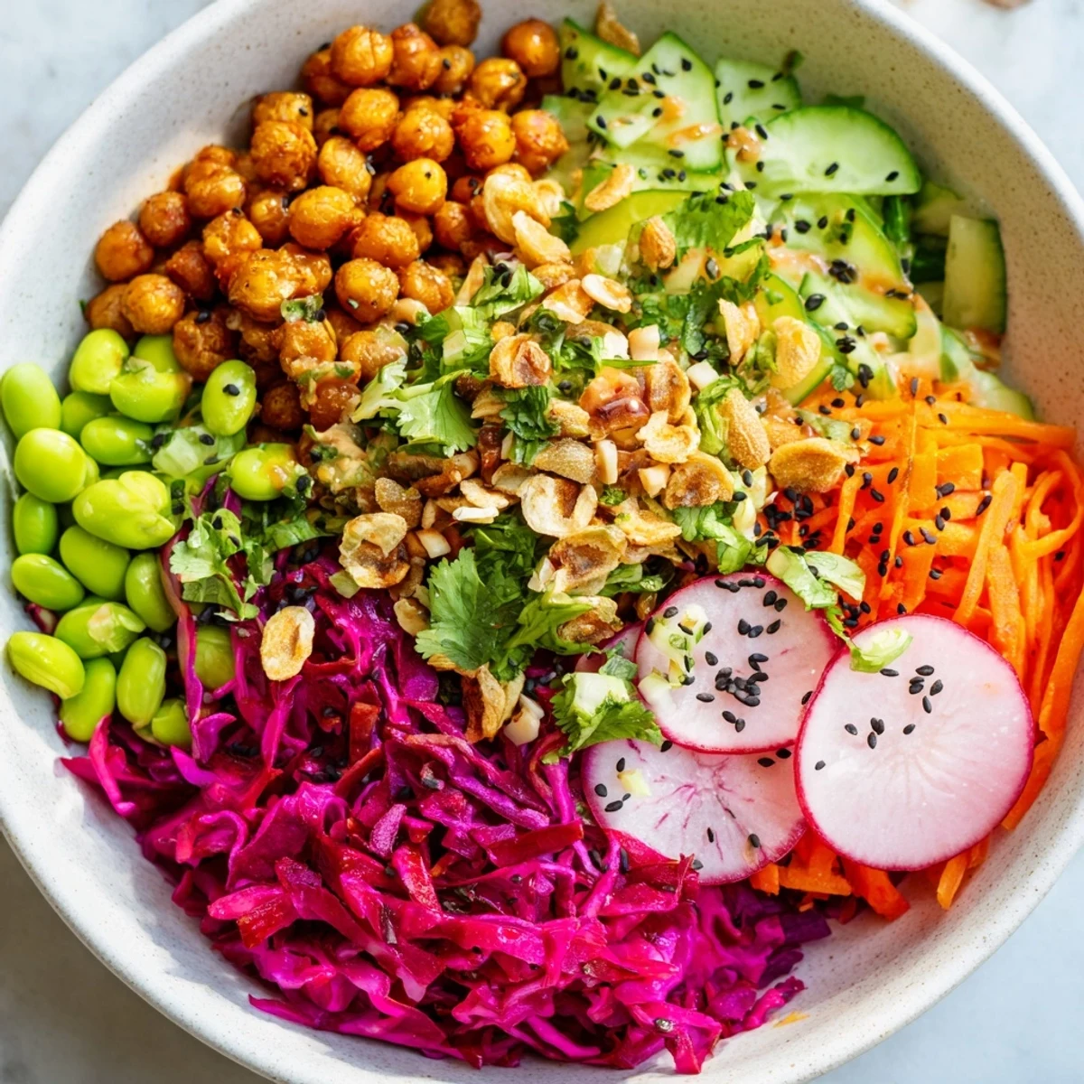 Colorful ASMR Crunch Snack Bowls filled with fresh vegetables and crispy toppings.  