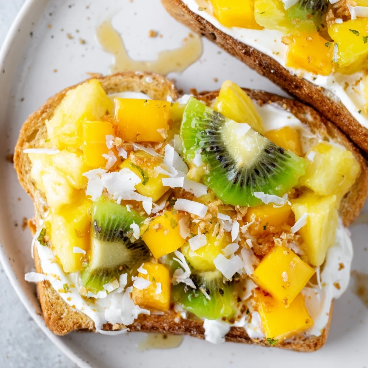 Creamy yogurt-custard toast topped with vibrant tropical fruits for a refreshing breakfast.  