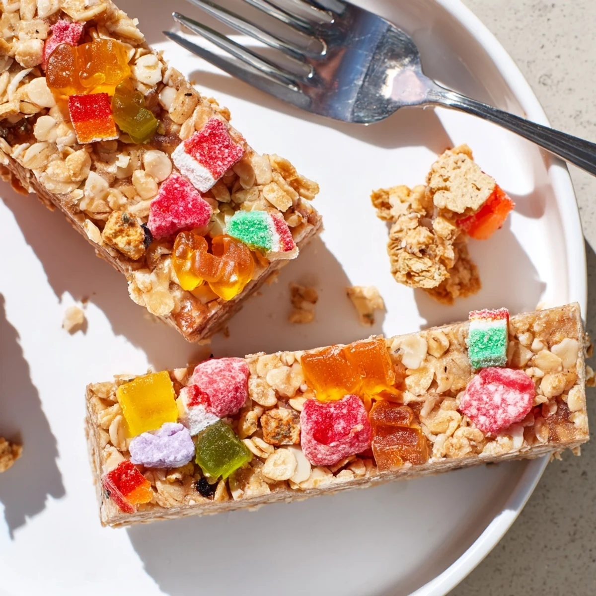 Chewy DIY snack bars topped with colorful freeze-dried candy and homemade gummies.  