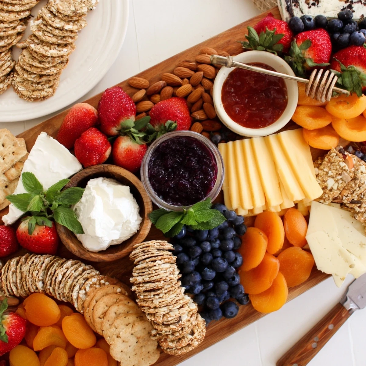 Vibrant jam-infused brunch board with cheese, fruits, and artisan breads beautifully arranged.  