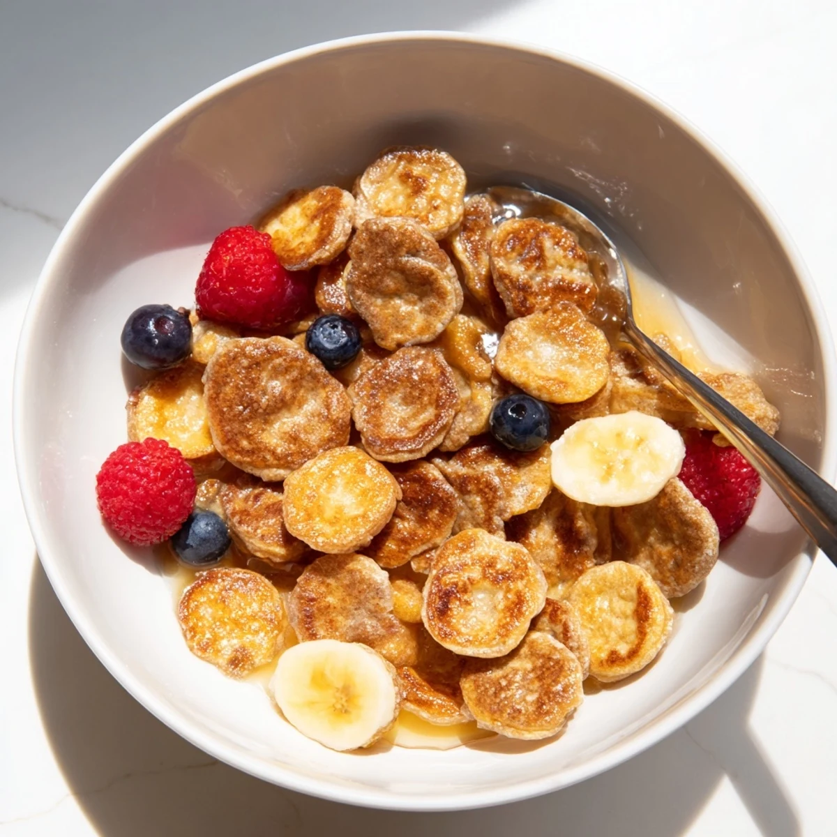 Fluffy mini pancakes served in a bowl, drizzled with honey and milk.  