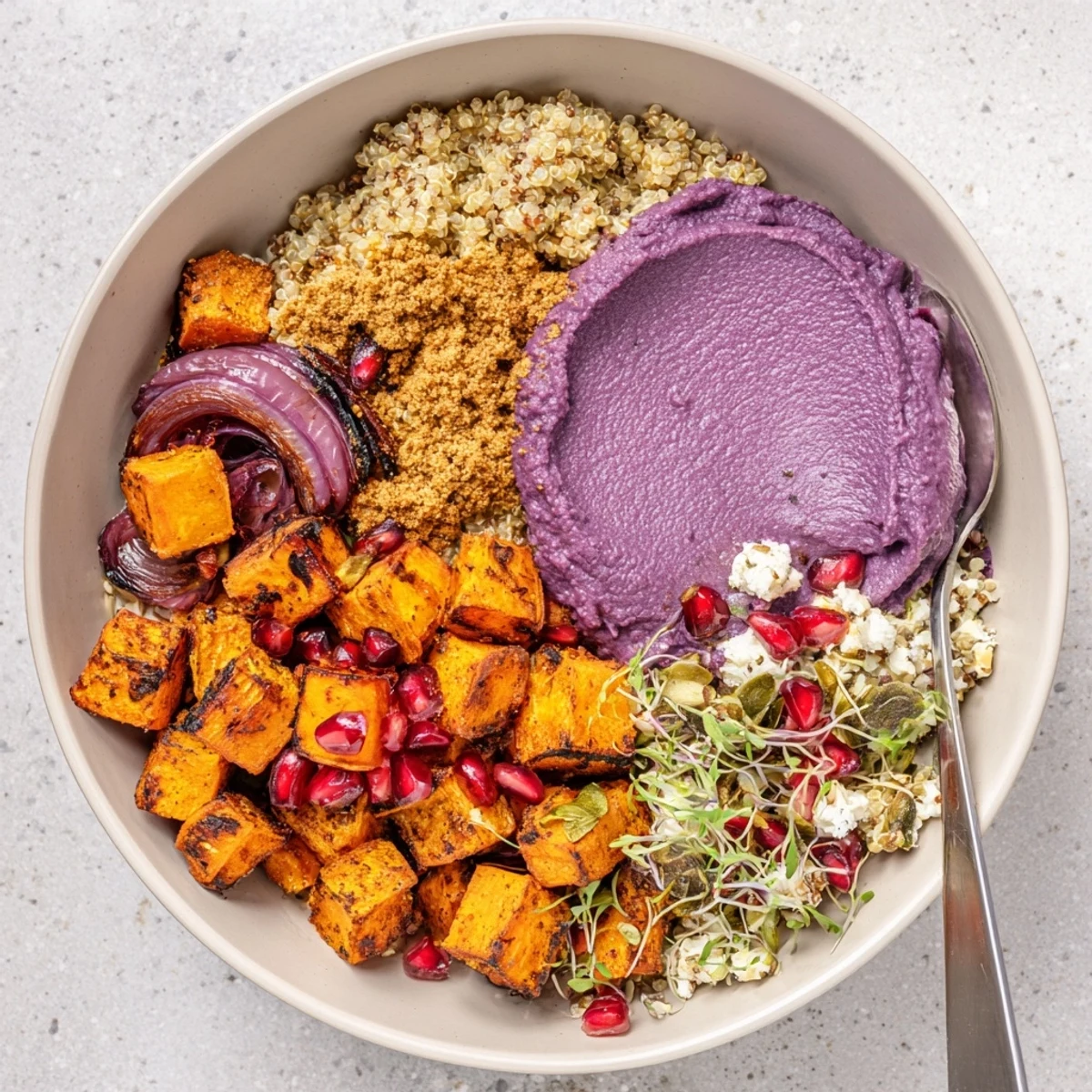 Roasted winter vegetables in spiced winter bowls topped with creamy ube-coconut purée.  