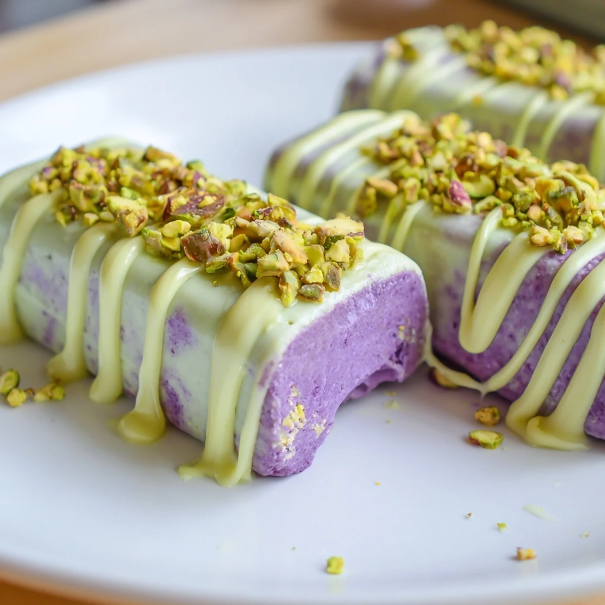 Vibrant ube and nutty pistachio ice cream bars drizzled with sweetened condensed milk.  