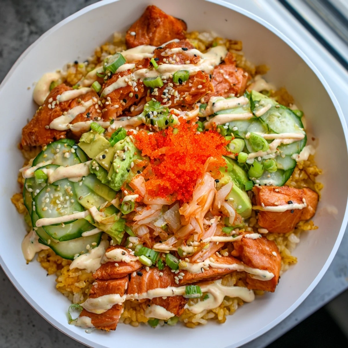 Colorful crispy salmon rice bowl with fluffy rice, loaded with vibrant toppings.