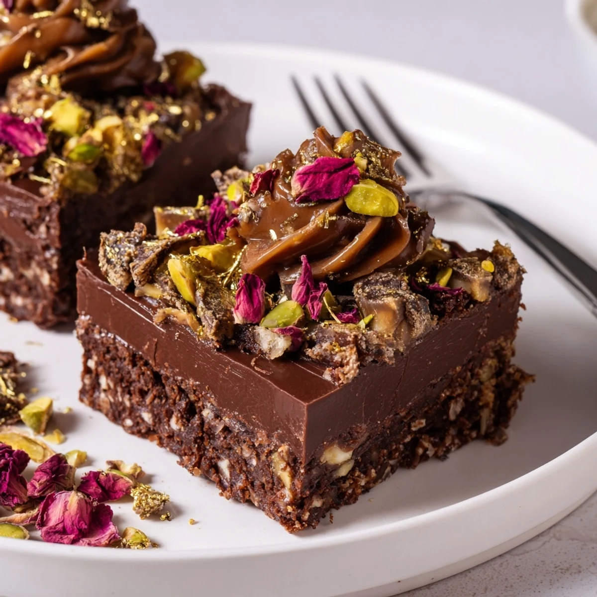 Decadent chocolate bar inspired creations topped with crunchy pistachios and rose petals.  