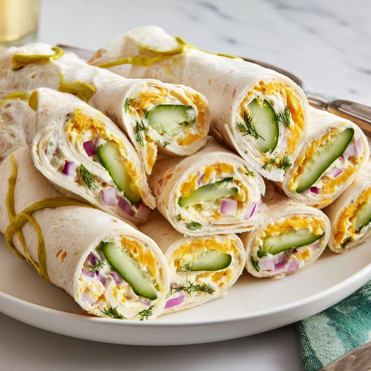 Crisp Pickle-in-a-Blanket rolls with creamy cheese and soft tortillas, perfect for snacking.  