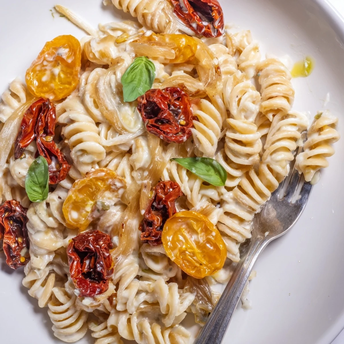 Creamy Baked Feta Pasta topped with caramelized onions and sun-dried tomatoes.  