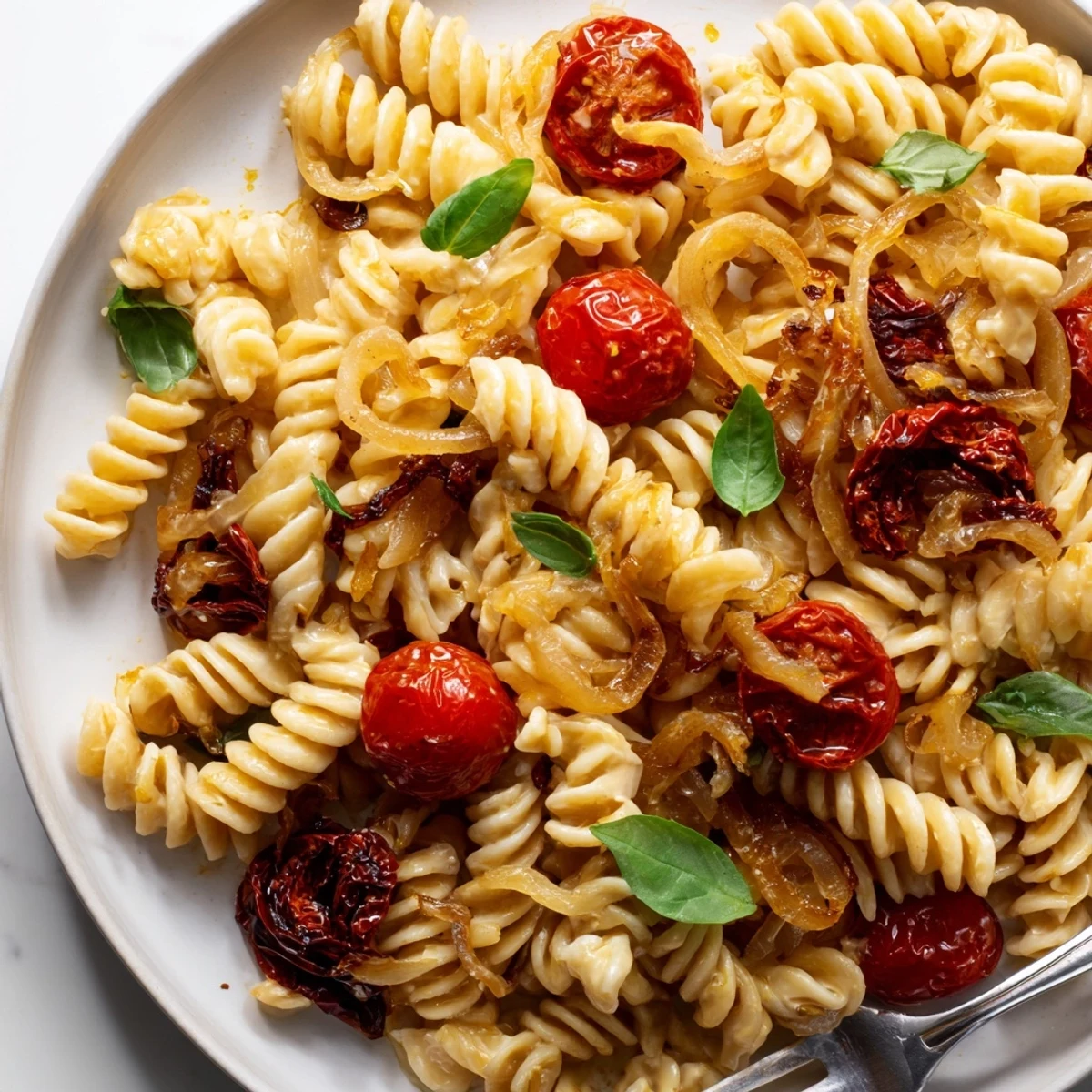 Colorful Baked Feta Pasta garnished with fresh basil and olive oil drizzle.